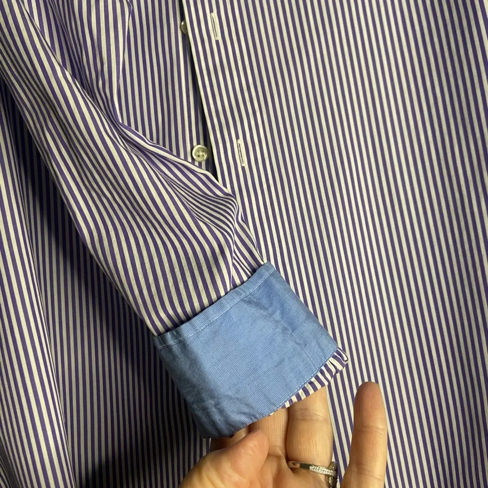 Ralph Lauren Purple and White Striped Ruffle-Collar Button-Down Shirt - Picture 3 of 5